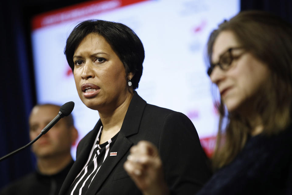 District of Columbia Mayor Muriel Bowser speaks at a news conference to announce the first presumptive positive case of the coronavirus, technically known as COVID-19, in Washington, Saturday, March 7, 2020. (AP Photo/Patrick Semansky)