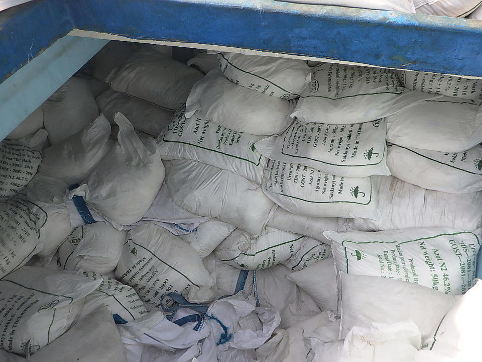 In this photo released by the U.S. Navy, urea and ammonium perchlorate are seen on a dhow intercepted in the Gulf of Oman on Nov. 8, 2022. The U.S. Navy said Tuesday, Nov. 15, 2022, it found 70 tons of a missile fuel component hidden among bags of fertilizer aboard a ship bound to Yemen from Iran, the first-such seizure in that country's yearslong war as a cease-fire there has broken down. (U.S. Navy via AP)