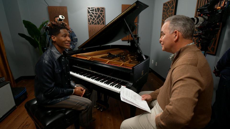 Multiple-Grammy-nominee Jon Batiste with correspondent Jim Axelrod.  / Credit: CBS News