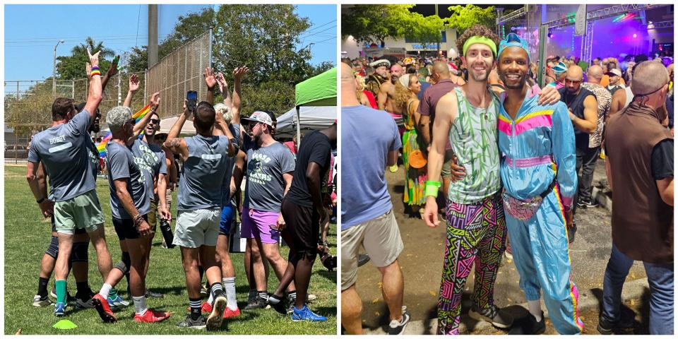 A side-by-side photo of David Maughan with his adult sports league and posing with his boyfriend