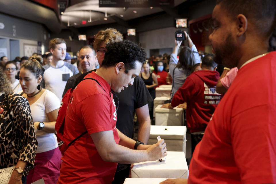 Culinary Union members rally ahead of a strike vote Tuesday, Sept. 26, 2023, at Thomas & Mack Center on the UNLV campus in Las Vegas. Tens of thousands of hospitality workers who keep the iconic casinos and hotels of Las Vegas humming were set to vote Tuesday on whether to authorize a strike amid ongoing contract negotiations. (K.M. Cannon/Las Vegas Review-Journal via AP)