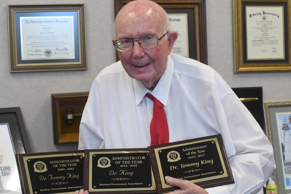 William Carey University President Tommy King says he is proud of the three Student Government Association awards naming him administrator of the year, Friday, July 15, 2022, at his office in Hattiesburg, Miss. King announced in June he is retiring after 51 years of service.