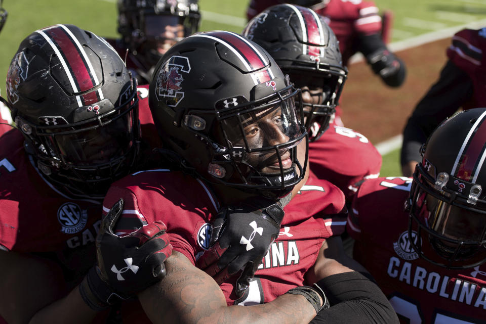 FILE - South Carolina defensive back Jaycee Horn (1) celebrates his second interception during the second half of an NCAA college football game against Auburn in Columbia, S.C., in this Saturday, Oct. 17, 2020, file photo. Horn is a possible pick in the NFL Draft, April 29-May 1, 2021, in Cleveland. (AP Photo/Sean Rayford, File)