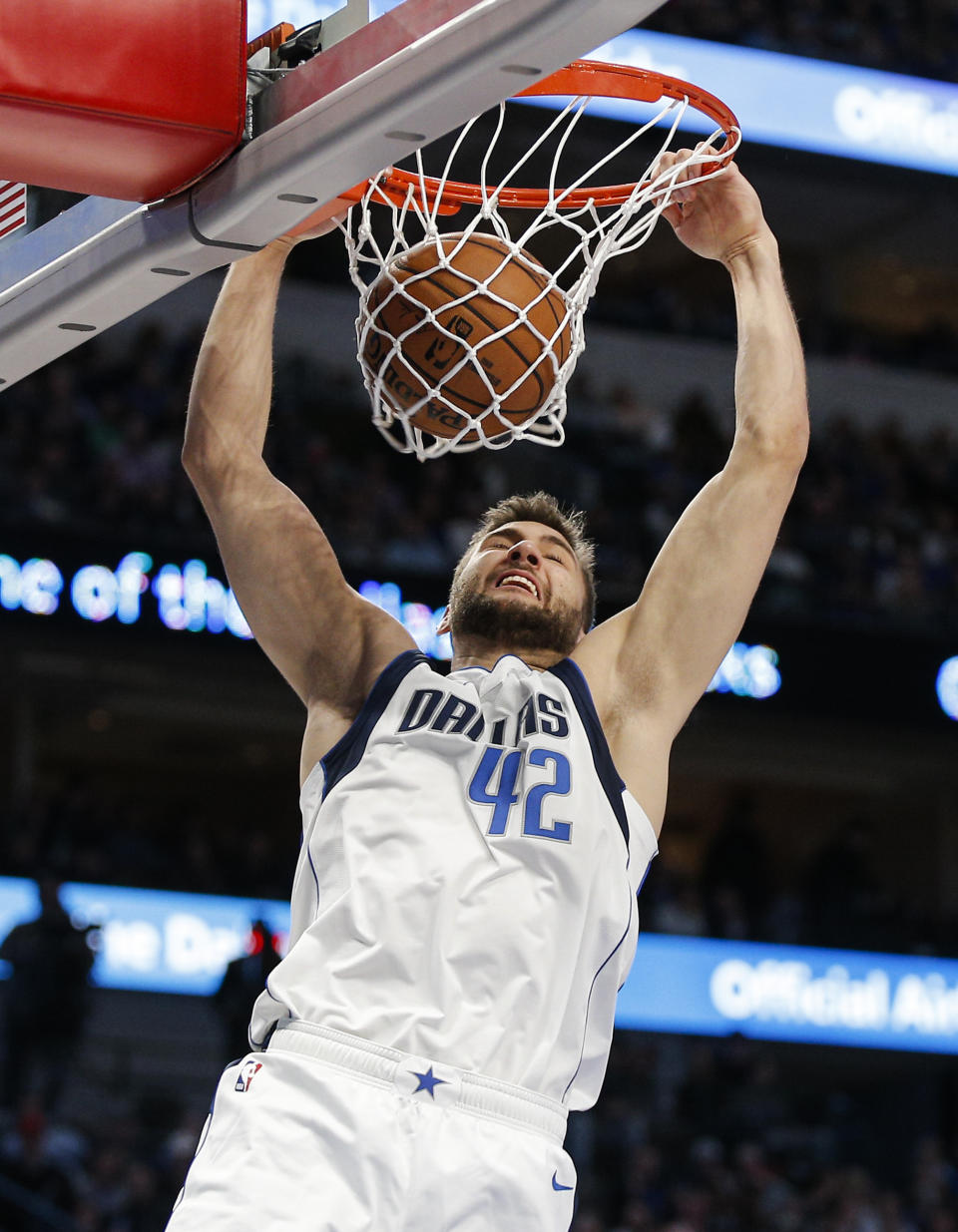 Dallas Mavericks forward Maxi Kleber dunks during the first half of the team's NBA basketball game against the Brooklyn Nets on Thursday, Jan. 2, 2020, in Dallas. (AP Photo/Brandon Wade)