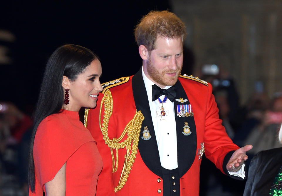 LONDON, ENGLAND - MARCH 07: Prince Harry, Duke of Sussex and Meghan, Duchess of Sussex attend the Mountbatten Festival of Music at Royal Albert Hall on March 07, 2020 in London, England. (Photo by Karwai Tang/WireImage)