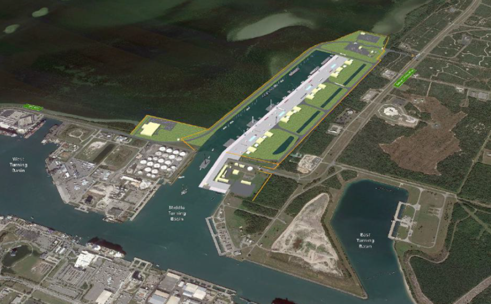 This artist's rendering depicts a future Port Canaveral wharf expansion stretching northward from the Middle Turning Basin to accommodate the Cape Canaveral space industry.