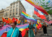 <p>Revelers enjoy the Pride London Parade in London, Saturday, July 8, 2017. (Photo: Frank Augstein/AP) </p>