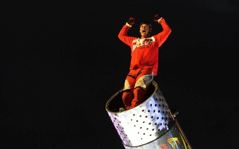 David Smith Jr., a second generation human cannonball known as “The Bullet,” prepares for his second flight Tuesday night at the Spring Fling carnival at the Columbus Civic Center in Columbus. 04/02/2024 Mike Haskey/mhaskey@ledger-enquirer.com