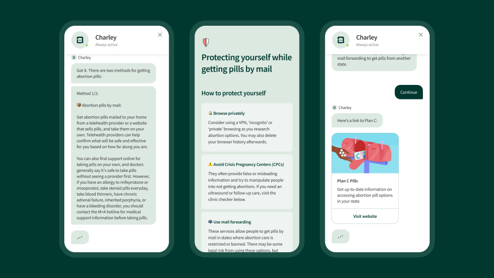 Screenshots of the user experience for Charley, an abortion chatbot.