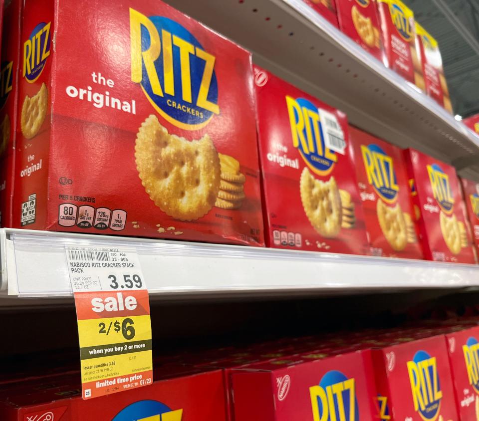 July 19, 2022; Columbus, Ohio, USA; Ritz crackers for sale at a Meijer grocery store in Columbus. The sale price is given when customers buy two or more packages. Mandatory Credit: Barbara J. Perenic/Columbus Dispatch