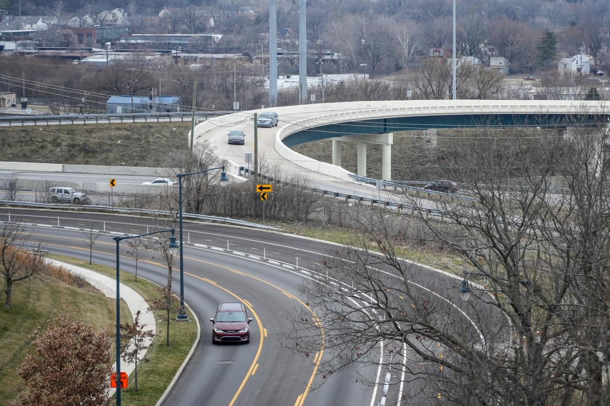 From Clifton, the new interchange from southbound Interstate 75 to westbound Interstate 74 rises high above the Mill Creek.