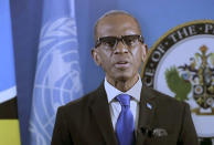 In this photo taken from video, Philip Joseph Pierre, Prime Minister of Saint Lucia, remotely addresses the 76th session of the United Nations General Assembly in a pre-recorded message, Saturday Sept. 25, 2021 at UN headquarters. (UN Web TV via AP)