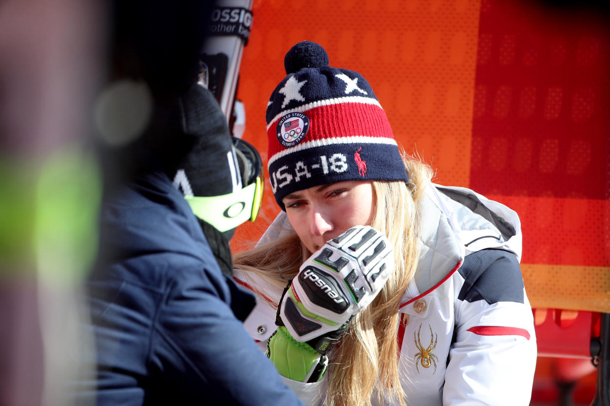 Mikaela Shiffrin apparently puked before finish fourth in the slalom race at the 2018 Winter Olympics. (Getty)