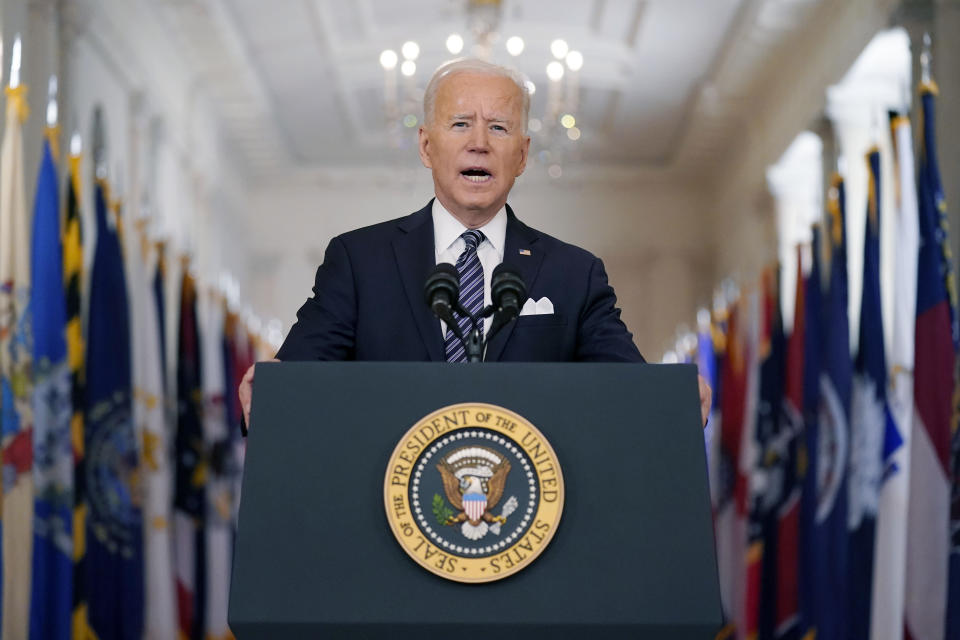 President Joe Biden speaks about the COVID-19 pandemic during a prime-time address from the East Room of the White House, Thursday, March 11, 2021, in Washington. (AP Photo/Andrew Harnik)