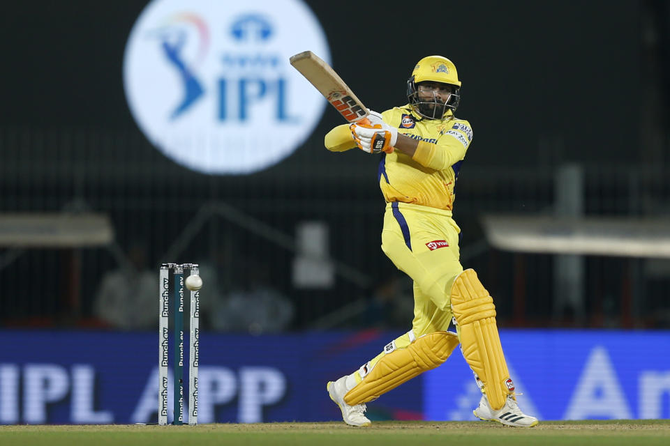 Chennai Super Kings' Ravindra Jadeja bats during the Indian Premier League cricket tournament match between Chennai Super Kings and Royal Challengers Bengaluru in Chennai, India, Friday, March 22, 2024. (AP Photo/R. Parthibhan)