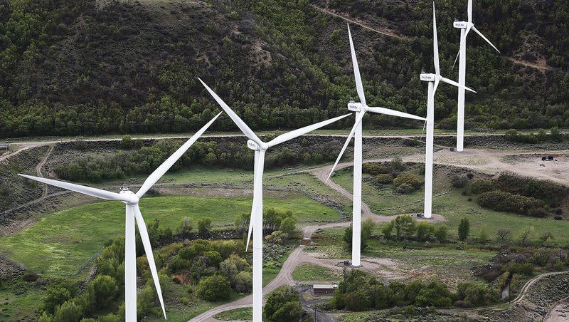 Windmills turn at the mouth of Spanish Fork Canyon on April 26, 2016.