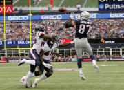 <p>New England Patriots tight end Rob Gronkowski (87) makes the catch and drives for a touchdown against the Houston Texans in the first quarter at Gillette Stadium. Mandatory Credit: David Butler II-USA TODAY Sports </p>