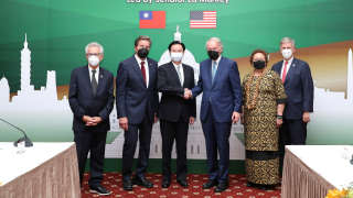 Taiwan Foreign Minister Joseph Wu attends a welcome banquet for U.S. Senator Ed Markey, Representatives John Garamendi, Alan Lowenthal, Don Beyer and Aumua Amata Coleman Radewagen in Taipei, Taiwan in this handout image released August 15, 2022. Taiwan Ministry of Foreign Affairs/Handout via REUTERS  ATTENTION EDITORS - THIS IMAGE WAS PROVIDED BY A THIRD PARTY. NO RESALES. NO ARCHIVES.