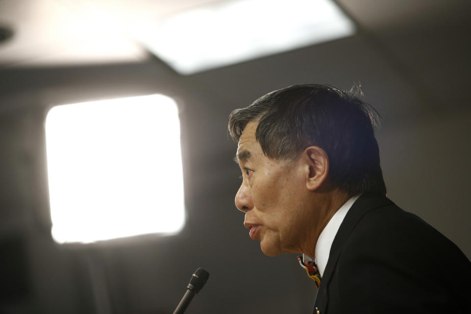 University of Maryland president Wallace Loh speaks at a news conference following the board of regents' recommendation that football head coach DJ Durkin retain his job, Tuesday, Oct. 30, 2018, in Baltimore. Durkin has been on paid administrative leave since August, following the death of a player who collapsed during practice and an investigation of bullying by the Maryland coaching staff. (AP Photo/Patrick Semansky)