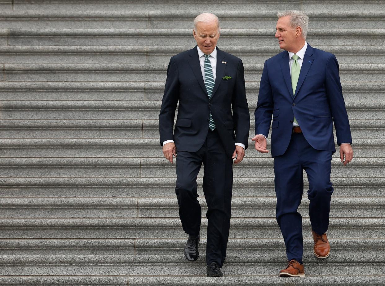 WASHINGTON, DC - MARCH 17: President Joe Biden and Speaker of the House Kevin McCarthy (R-CA) speak as walk out of the U.S. Capitol on Saint Patrick's Day, March 17, 2023 in Washington, DC. McCarthy hosted Biden Irish Taoiseach Leo Varadkar, Ireland's first openly gay head of government, and members of Congress for the traditional St. Patrick's Day Friends of Ireland Luncheon. The Friends of Ireland caucus was founded in 1981 by the late Irish-American politicians Sen. Ted Kennedy (D-MA), Sen. Daniel Moynihan (D-NY) and former Speaker of the House Tip O’Neill (D-MA). (Photo by Chip Somodevilla/Getty Images)