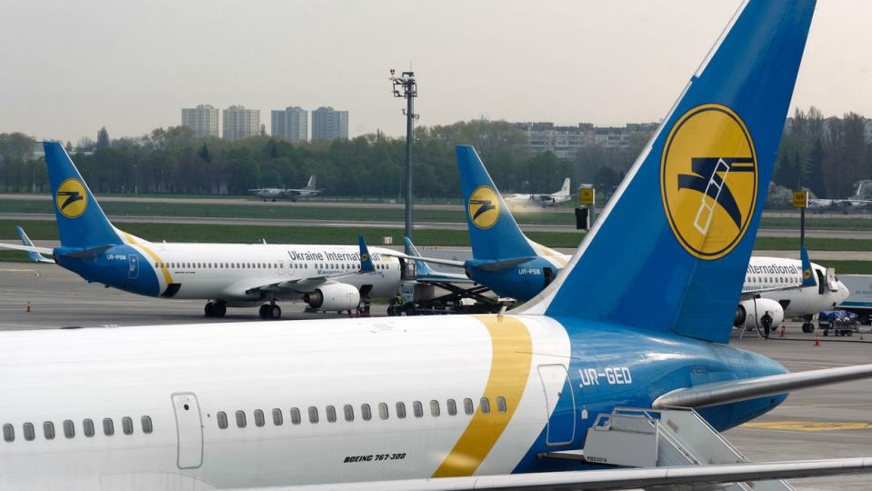 Aircrafts of the UIA (Ukraine International Airlines) airline is seen on the apron of Boryspil International airport near Kyiv, Ukraine, 25 April, 2018. (STR/NurPhoto via Getty Images)