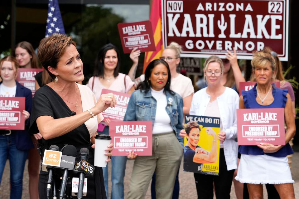 Kari Lake, Republican candidate for governor of Arizona, holds a press conference at her campaign headquarters in Phoenix, Ariz. on Aug. 3, 2022.