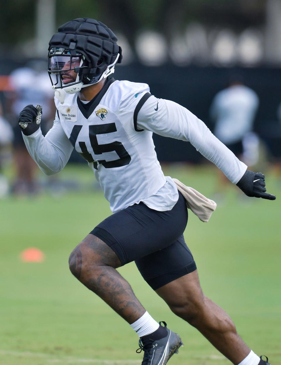 Jaguars edge rusher K'Lavon Chaisson runs through drills Friday at the Jaguars' Miller Electric Center. The 2020 first-rounder has recorded three sacks in his first three NFL seasons.