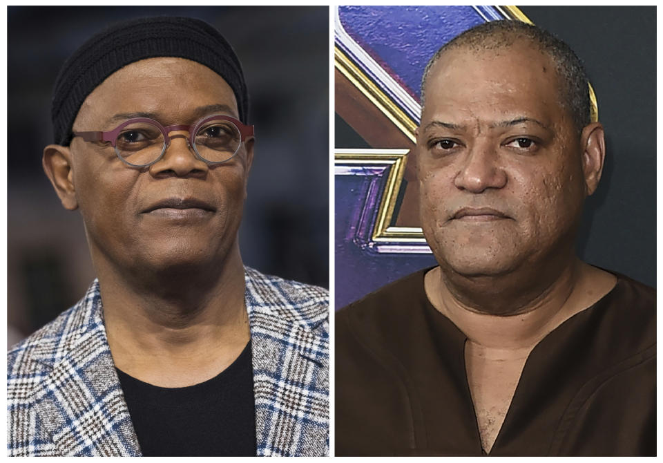 This combination photo shows actor Samuel L. Jackson at the premiere of "Captain Marvel" in London on Feb. 27, 2019, left, and Laurence Fishburne arrives at the premiere of "Avengers: Endgame" in Los Angeles on April 22, 2019. Jackson is often confused with Fishburne. (Photos by Vianney Le Caer, left, and Jordan Strauss/Invision/AP)