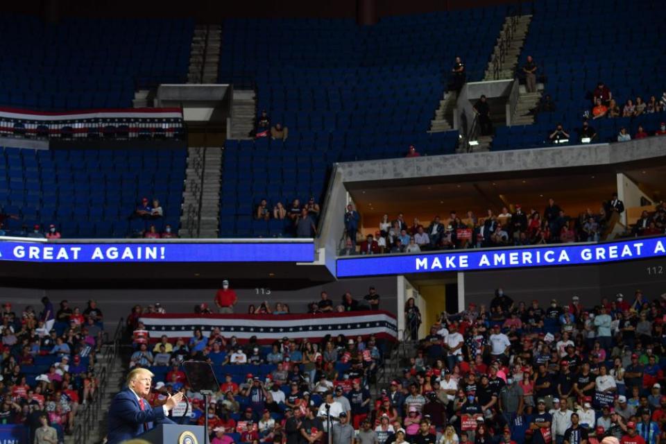 Trump supporters and a number of empty seats at the president’s sparsely attended rally in Tulsa, Oklahoma in June this year.