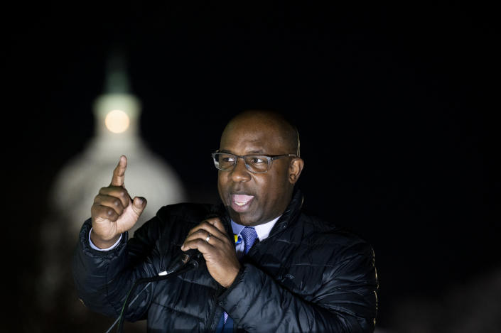 Rep. Jamaal Bowman, D-N.Y., speaks at the Peoples State of the Union Watch Party outside the U.S. Capitol calling for action on the Build Back Better Act before the start of President Joe Bidens first State of the Union Address on Tuesday, March 1, 2022. (Bill Clark/CQ-Roll Call, Inc via Getty Images).