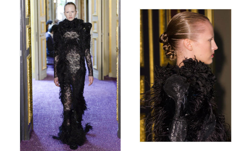 <p>The first time showing on the couture calendar is any designer’s dream, and this was definitely a dream come true for Scognamiglio. Body-hugging black lace, feathers at the front and on the side, sequins sculpted around the shape of the model’s arm … heavenly. (<i>Photos: Getty Images)</i><br></p>