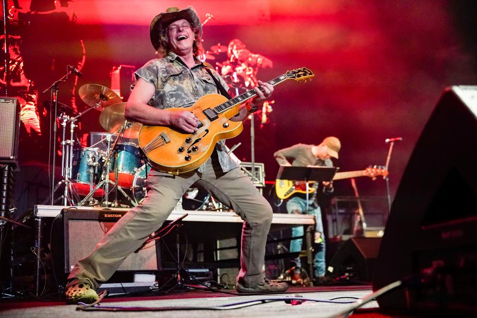 Ted Nugent plays his guitar during the Boots on the Sand: Hurricane Ian Relief Fundraiser at Hertz Arena in Estero on Thursday, Dec. 1, 2022.