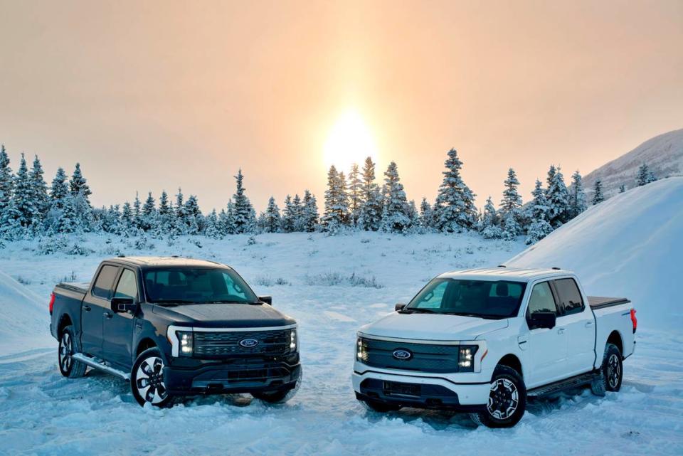 Pre-production models of the Ford F-150 Lightning, one of the Cybertruck’s top competitors.