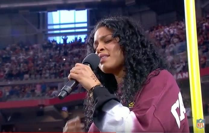 When Jordin Spark took to the stage on Monday night to perform the national anthem during the Cardinals versus Cowboys NFL game in Arizona, it was not just her angelic voice that people paid attention to. Source: NFL/Youtube