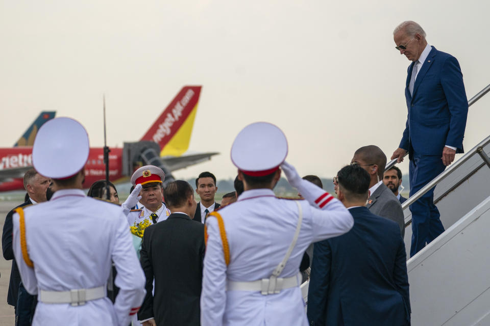 U.S. President Joe Biden arrives at the Noi Bai International Airport, Hanoi, Vietnam, Sunday, Sept. 10, 2023. (AP Photo/Evan Vucci)