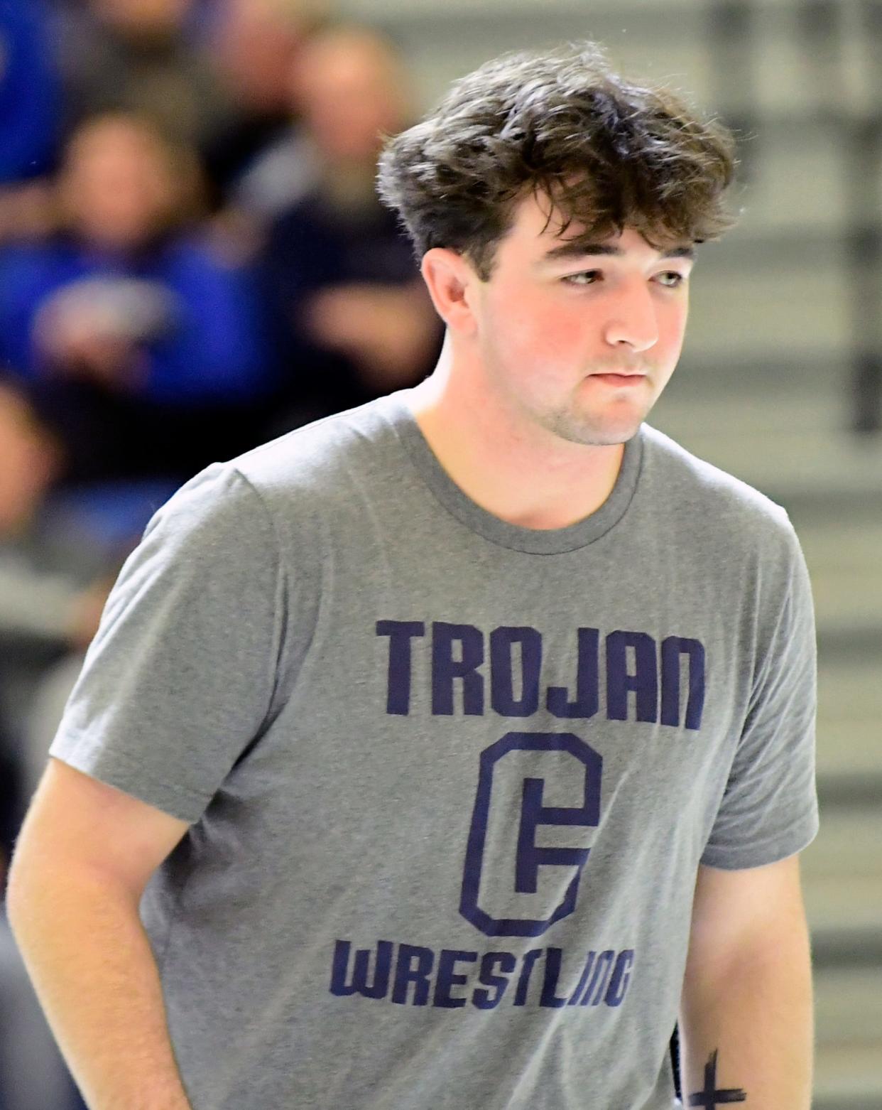 Chambersburg's Aiden Hight gets ready with the Trojans. Chambersburg finished 50-18 over Waynesboro, December 13, 2023.