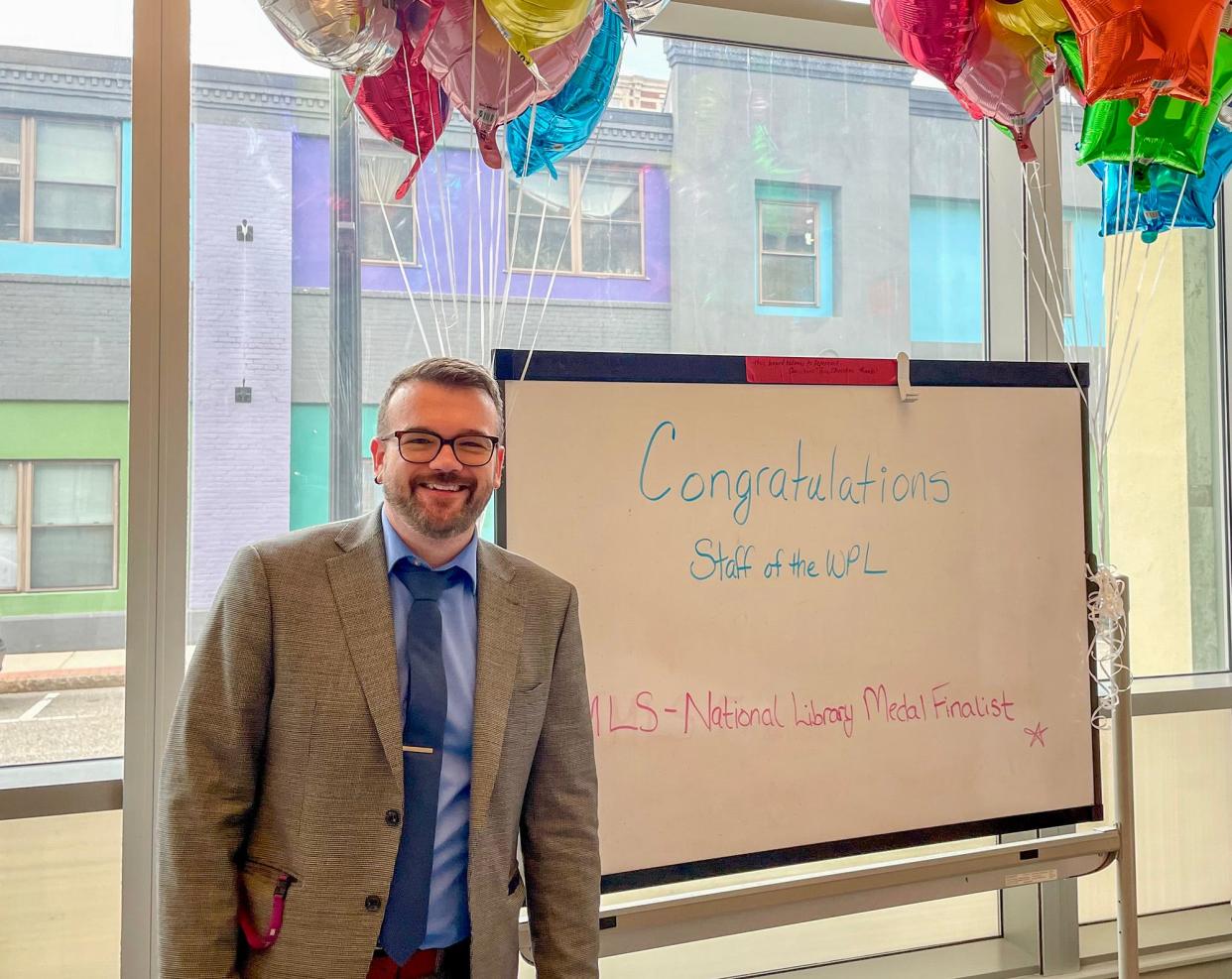 Executive Director Jason Homer after announcing the Worcester Public Library as a finalist for the National Library Medal.