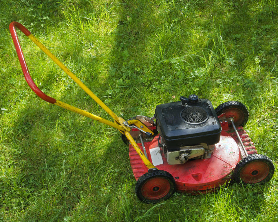 Closeup of a red lawnmower
