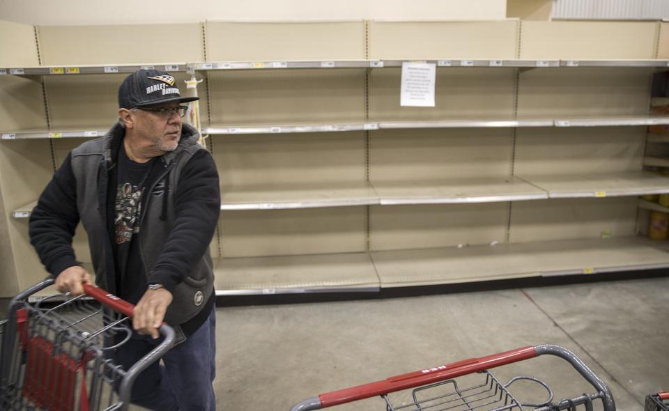 Empty shelves where water was sold at the H-E-B in Austin, Texas on Monday, October 22, 2018. The city of Austin's water utility told all residents early Monday to boil water before using until the city's water treatment system is stabilized. Austin Water customers, which include residents in Austin, Rollingwood and West Lake Hills, need to boil water before drinking it, cooking with it or using it for ice until further notice, city officials said. (Ricardo B. Brazziell/Austin American-Statesman via AP)