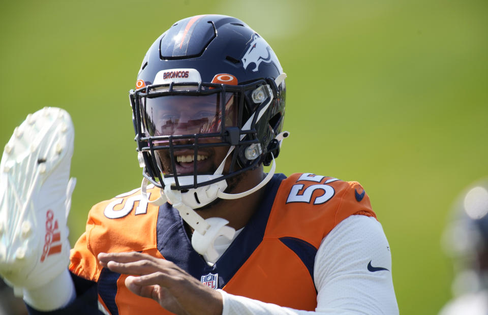 Denver Broncos outside linebacker Bradley Chubb takes part in drills during an NFL football practice at the team's headquarters Thursday, Sept. 9, 2021, in Englewood, Colo. (AP Photo/David Zalubowski)