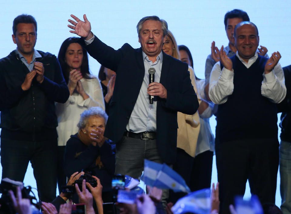 Presidential candidate Alberto Fernandez speaks on stage during the primary elections, at a cultural centre in Buenos Aires, Argentina, August 11, 2019.  REUTERS/Agustin Marcarian