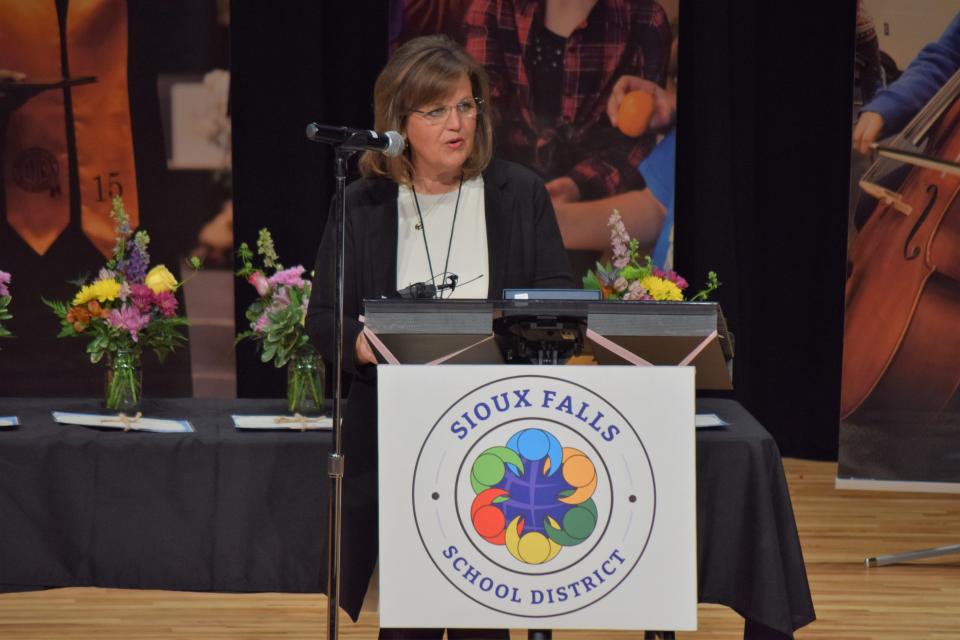 Sioux Falls School District Superintendent Jane Stavem speaks at a celebration for the 35th Annual Dr. John W. Harris Teacher of the Year on Feb. 27, 2023 at Ben Reifel Middle School.