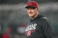 FILE - Arizona Diamondbacks bench coach Jeff Banister watches during World Series baseball media day Thursday, Oct. 26, 2023, in Arlington, Texas. Banister envisioned being part of a World Series at Globe Life Field even before ground was broken on the retractable-roof stadium that is the home of the Texas Rangers. That dream is being realized now, just happening in a different role than anticipated for the bench coach of the Arizona Diamondbacks. (AP Photo/Brynn Anderson, File)