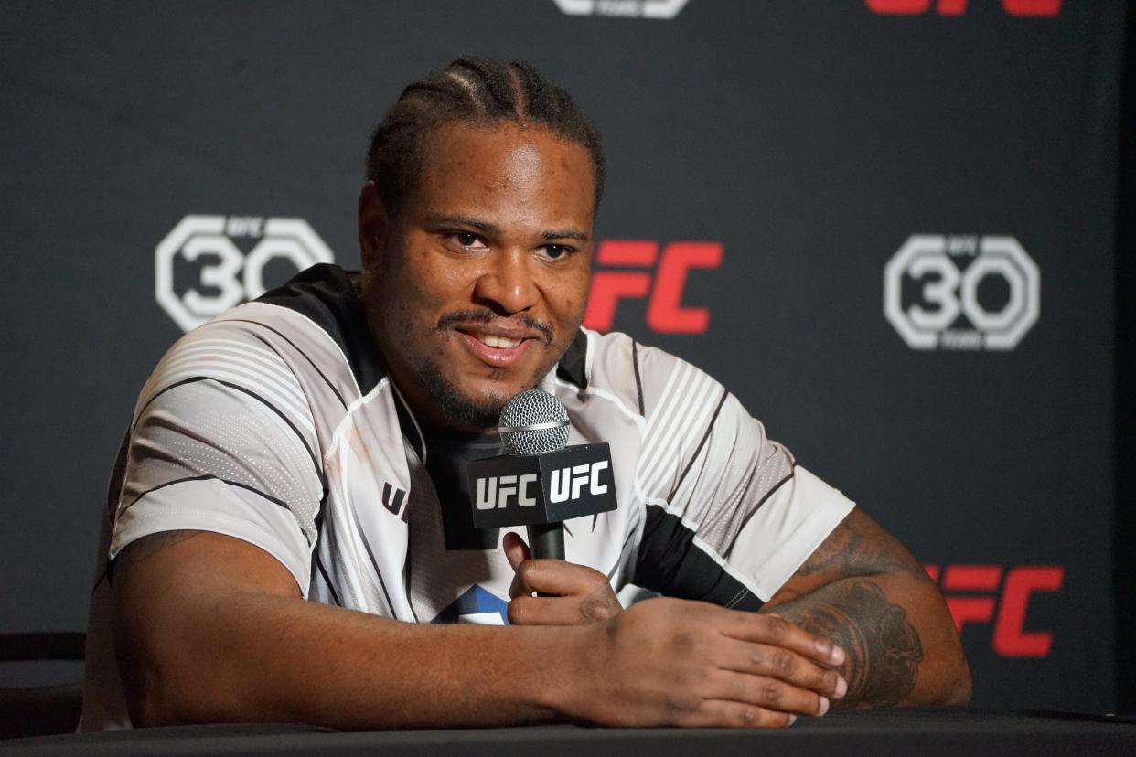 University Prep graduate Jamal Pogues talks to reporters during the UFC Fight Night 219 press conference, in Las Vegas, after beating Josh Parisian by unanimous decision with scores of 30-27, 30-27 and 29-28 on Feb. 18, 2023.