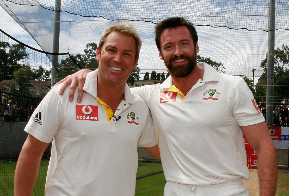 MELBOURNE, AUSTRALIA - DECEMBER 26: (EXCLUSIVE: Higher rates apply.) Former test cricketer Shane Warne and actor Hugh Jackman pose after playing cricket in the nets during day one of the Fourth Test match between Australia and England at Melbourne Cricket Ground on December 26, 2010 in Melbourne, Australia. (Photo by Scott Barbour/Getty Images)