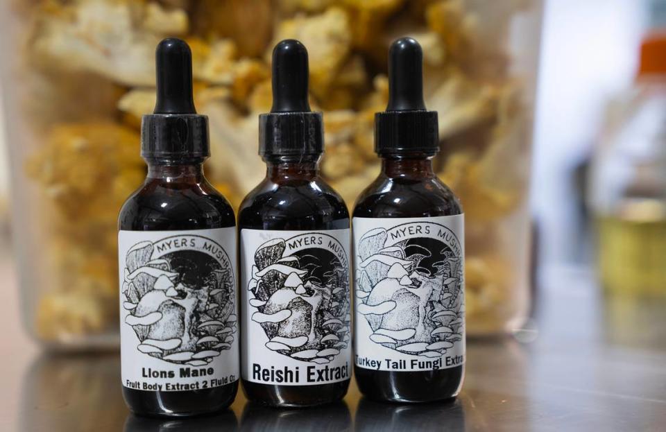 Eric Myers also sells a variety of tinctures made from mushrooms he has grown at Myers Mushrooms.