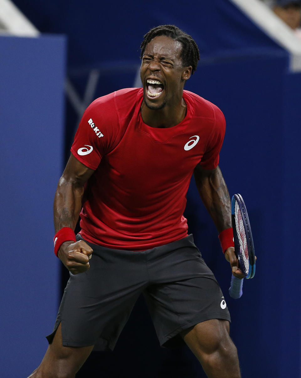 Gael Monfils, of France, reacts after winning a point against Denis Shapovalov, of Canada, during the third round of the U.S. Open tennis tournament, Saturday, Aug. 31, 2019, in New York. (AP Photo/Jason DeCrow)