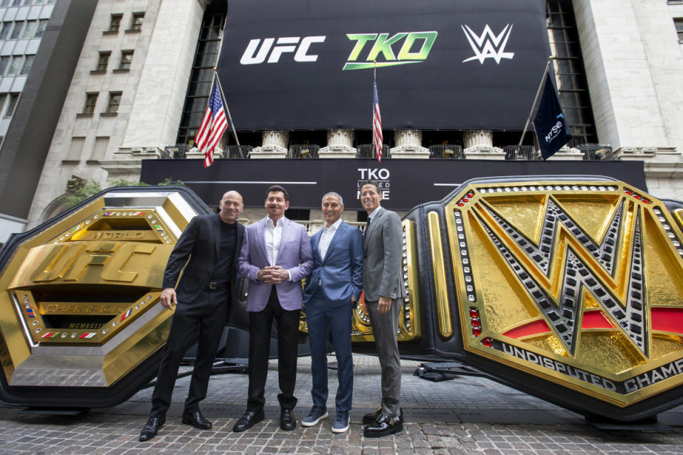 NEW YORK, NEW YORK - SEPTEMBER 12: (L-R) UFC CEO Dana White, TKO Executive Chairman of the Board Vince McMahon, TKO + Endeavor CEO Ariel Emanuel, and TKO + Endeavor President and COO Mark Shapiro pose outside the New York Stock Exchange during the TKO Group Holdings' listing day on September 12, 2023 in New York City.<p>Michelle Farsi/Getty Images</p>