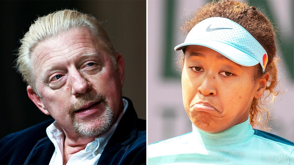 Tennis legend Boris Becker (pictured left) looks on during an interview and (pictured right) Naomi Osaka during training.