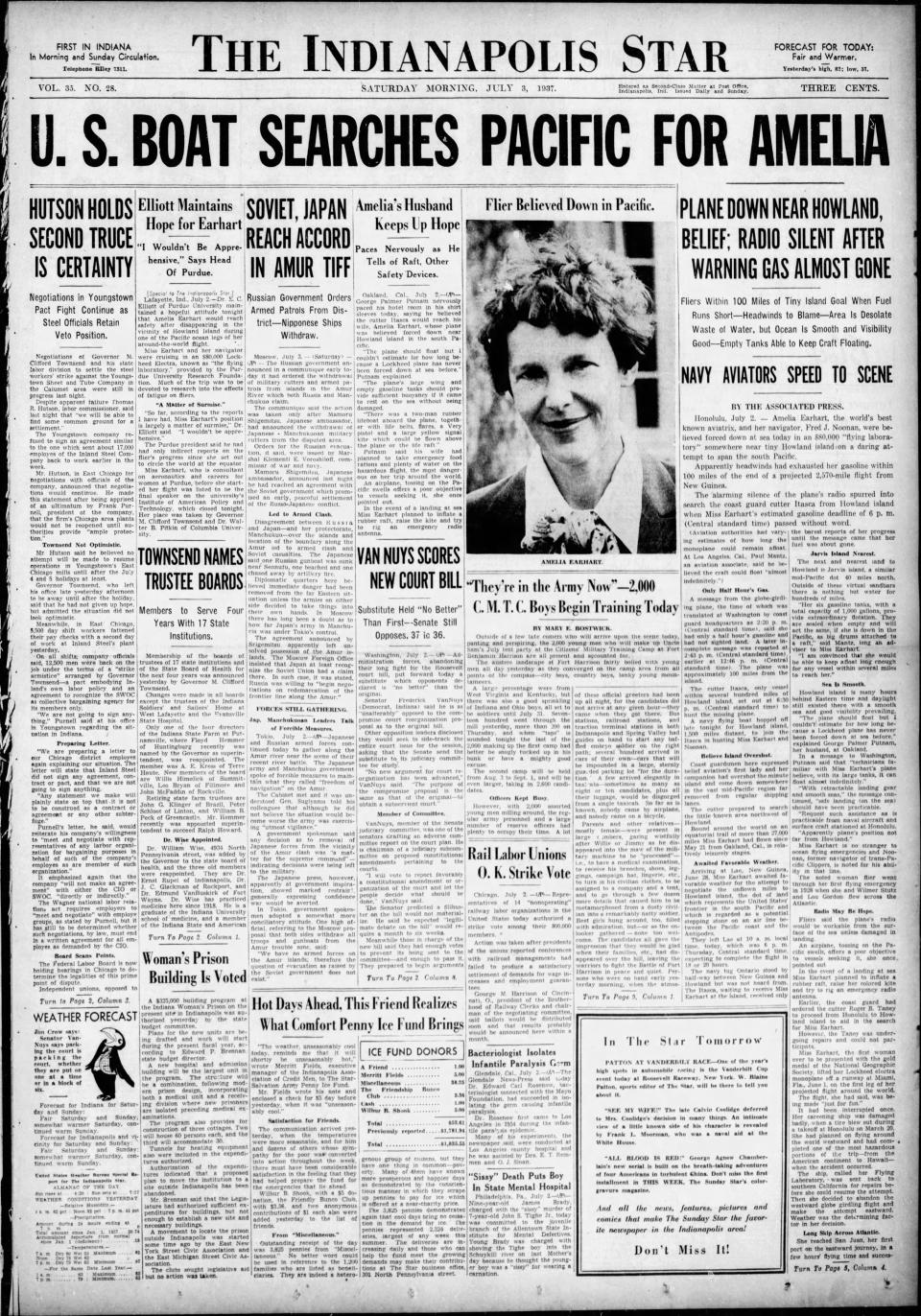 Indianapolis Star, July 3, 1937 Amelia Earhart is lost at sea